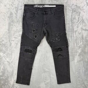 Reason Biker Skinny Jeans Men's 34x30 Black Denim Distressed Pants Streetwear